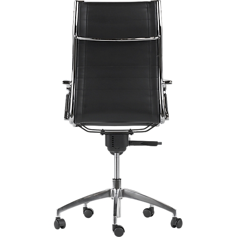 Black leather office chair, metal frame, with wheels, from the back.