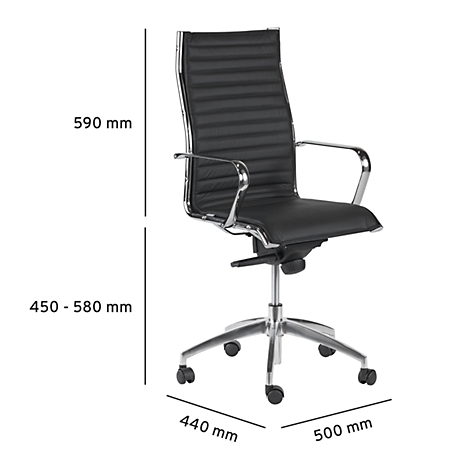 Black office chair with armrests, silver frame, castors. Dimensions are displayed.
