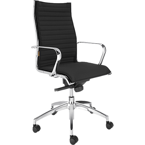 Black office chair with chrome frame, padded backrest and seat. Armrests and castors.