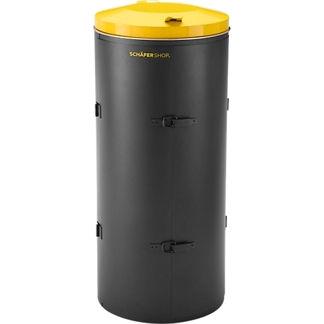 Schwarzer, zylindrischer Abfallbehälter mit gelbem Deckel. Der Schriftzug 'SCHÄFERSHOP' ist zu sehen.
