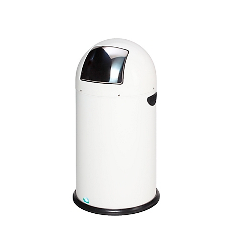 Weißer Abfalleimer mit metallischer Klappe. Der Eimer hat einen schwarzen Fuß und Henkel.