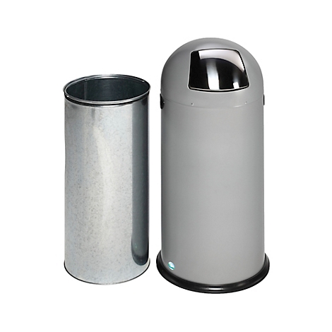 Grauer Abfalleimer mit metallenem Inneneimer. Deckel mit polierter Metallklappe.