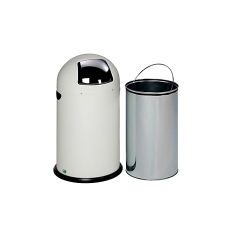 Witte prullenbak met chroom deksel en uitneembare metalen emmer ernaast.
