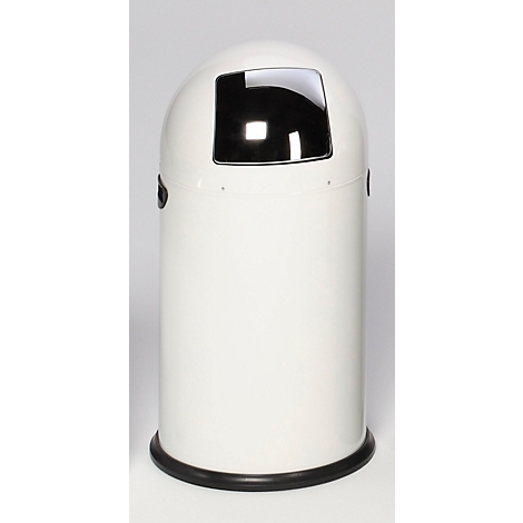 Witte prullenbak met zwart deksel en zwarte voet. Het deksel heeft een rechthoekige opening. Glanzend oppervlak.
