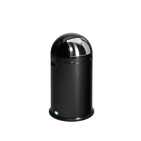 Zwarte prullenbak met een halfronde, glanzende deksel en een zilveren klep.