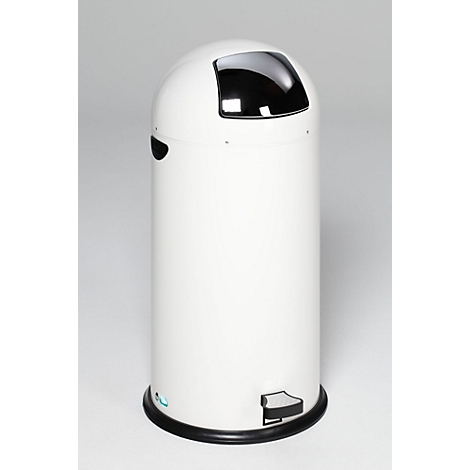 Witte prullenbak met zwart deksel en voetenpedaal op grijze achtergrond.