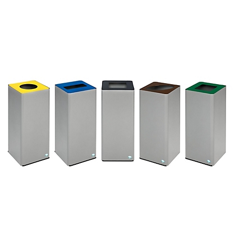 Cinq conteneurs à déchets en ligne. Chaque conteneur a une couleur de couvercle différente : jaune, bleu, noir, marron et vert.