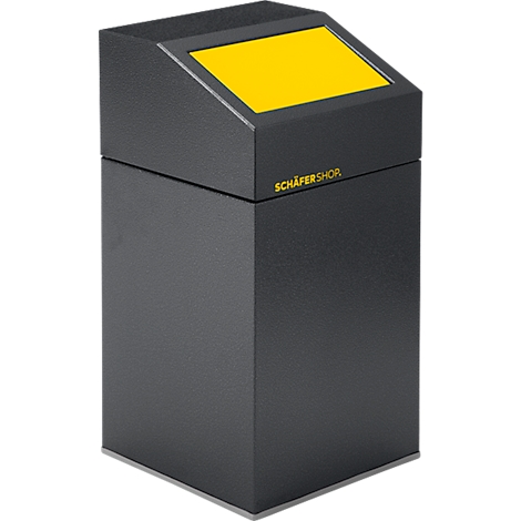 Conteneur noir en forme de cube avec surface jaune. Haut : affichage jaune. Logo : SCHÄFERSHOP.