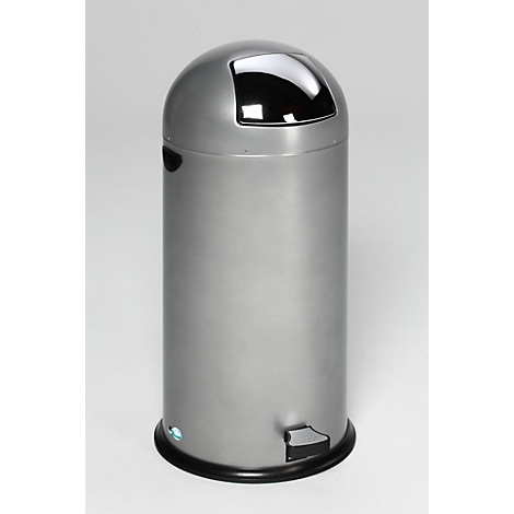 Grauer Abfalleimer mit Deckel, Trittpedal und schwarzem Rand.