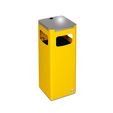 Poubelle rectangulaire jaune avec un couvercle gris. Petite ouverture sur le dessus. Deux ouvertures sur les côtés.