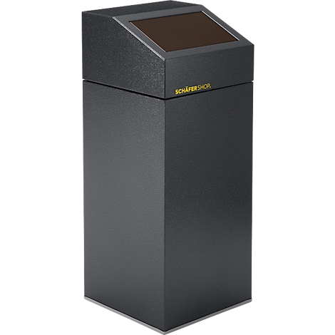 Poubelle grise avec dessus marron. Inscription jaune "SCHÄFER SHOP".