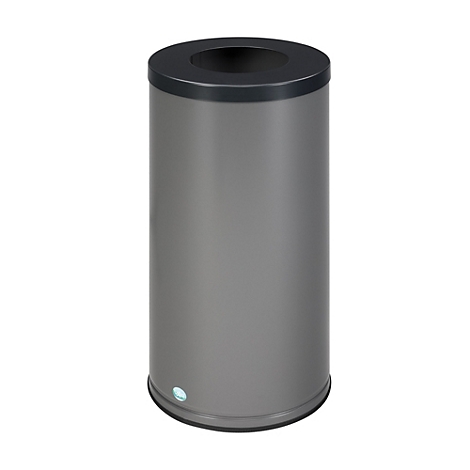Poubelle cylindrique grise avec couvercle et base noirs. Logo à la base.