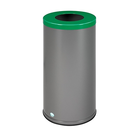 Poubelle cylindrique grise avec couvercle vert. Une ouverture ronde en haut, un petit bouton en bas.