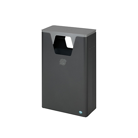 Poubelle gris foncé avec ouverture et logo, forme rectangulaire. La partie supérieure est grise.