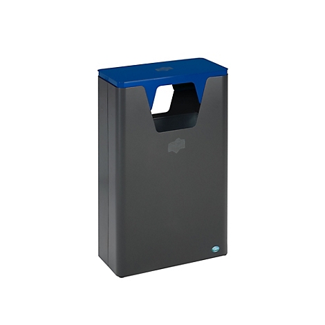 Poubelle grise avec couvercle et ouverture bleus.