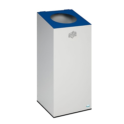Weißer Abfalleimer mit blauer Oberseite und rundem Loch. Logo auf der Vorderseite.