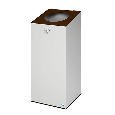 Weißer, rechteckiger Handtrockner mit brauner Oberseite. Kleines Logo vorne, blaue LED-Anzeige unten.