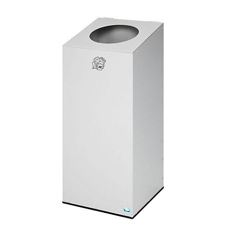 Ein weißer, rechteckiger Abfalleimer mit einer runden Öffnung oben. Ein Logo ist auf der Vorderseite.