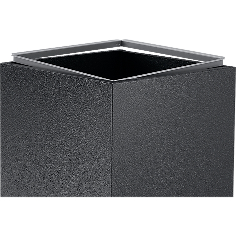 Dunkelgrauer, quadratischer Abfalleimer mit einem silberfarbenen Rahmen am oberen Rand. Die Oberfläche ist leicht strukturiert.