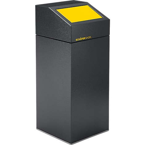 Schwarzer Papierkorb mit gelbem Einwurf. Aufschrift: SchäferShop.