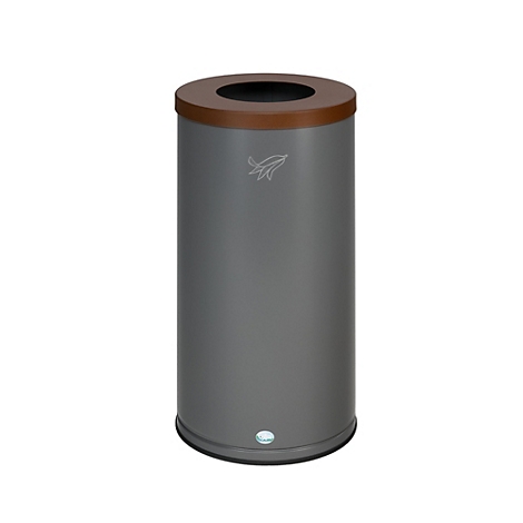 Grauer, zylindrischer Abfalleimer mit braunem Deckel und Öffnung.