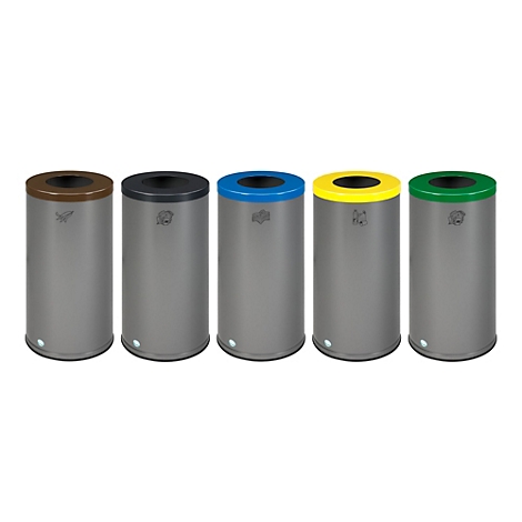 Fünf Abfallbehälter in Grau mit farbigen Deckeln. Braun, Schwarz, Blau, Gelb und Grün. Auf allen Behältern ist ein kleines Symbol.