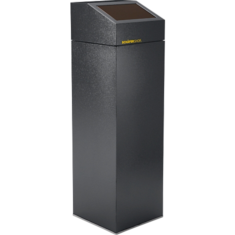 Grauer, säulenförmiger Abfalleimer mit einem dunkleren Deckel und einem Firmenlogo. Der Eimer steht auf weißem Grund.