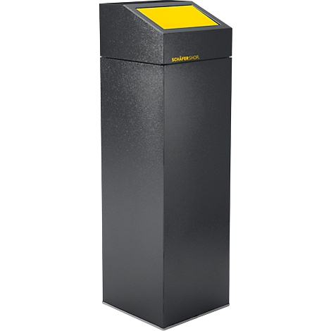 Grauer, säulenförmiger Papierkorb mit gelbem Deckel. Die obere Fläche ist schräg, mit Firmenlogo.