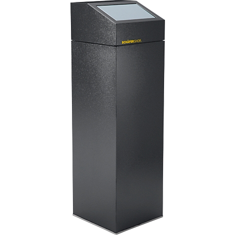 Dunkler quadratischer Pfosten mit abgeschrägter Oberseite und einem grauen Bildschirm.