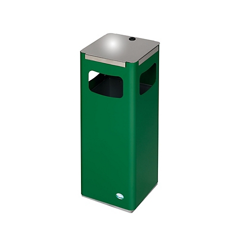 Groene rechthoekige vuilnisbak met zilveren deksel en twee openingen. Het deksel heeft een kleine ronde opening.