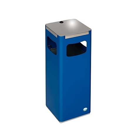 Blauwe en zilverkleurige vuilnisbak met rechthoekige vorm en twee openingen. Het deksel is zilver.