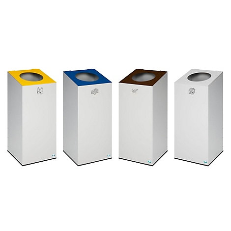 Vier vuilnisbakken: geel, blauw, bruin en wit, met gekleurde deksels en symbolen.