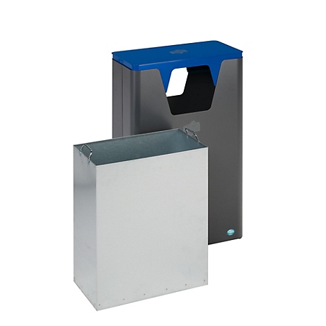 Afvalbakken met een blauwe bovenkant, met daarachter een rechthoekige vuilnisbak met een uitneembare metalen container.