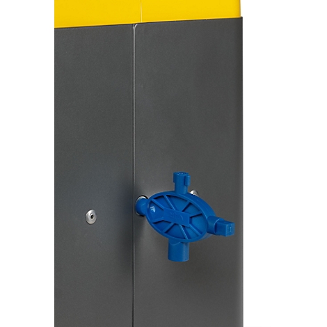 Detailopname van een grijze metalen constructie met een blauwe, stervormige draaigreep.