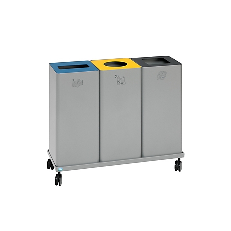 Grijze vuilnisbak met drie compartimenten, blauw, geel en zwart. Op wielen.