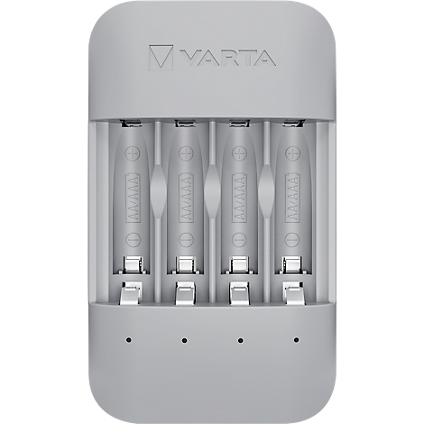 Graues VARTA Batterieladegerät mit vier Schächten für AAA-Batterien.