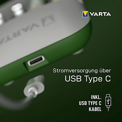 Detaillierte Nahaufnahme eines grünen und grauen Ladegeräts mit USB-C-Anschluss. Text: Stromversorgung über USB Type C.