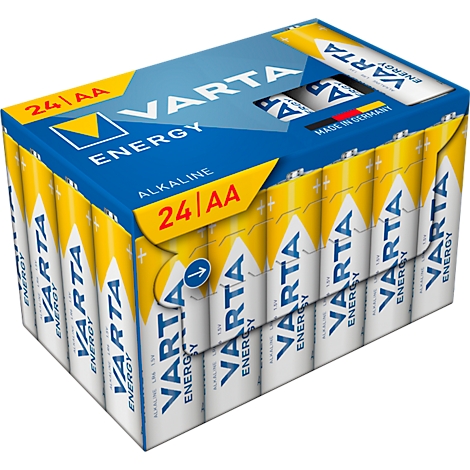 Ein Karton mit Batterien der Marke Varta. Die Verpackung ist blau und gelb, mit weißen Batterien, auf denen der Markenname steht. Aufschrift: 24 AA.