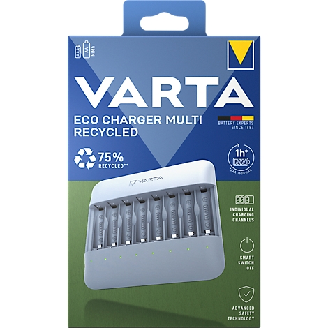 VARTA Eco Charger Multi mit Batterien. 75 % recycelt. Einzelne Ladeschächte und intelligente Abschaltung.