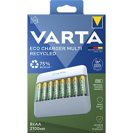VARTA Eco Charger mit 8 AA Batterien, 75% recycelt, 2100 mAh. Aufdrucke: 'Individual Charging Channels', 'Smart Switch Off'.
