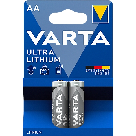 Zwei graue AA-Batterien in einer Verpackung mit dem Schriftzug VARTA Ultra Lithium.