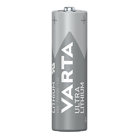 Graue Varta Ultra Lithium Batterie. Aufschrift: Lithium, Varta, Ultra Lithium, 1,5 V.