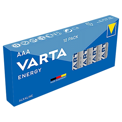 Blue battery pack of AAA Varta Energy batteries. Partially visible, lettering, pack of 10.