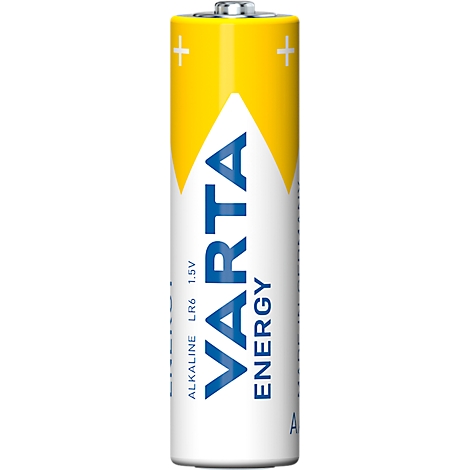 A Varta AA battery with a yellow top, white body, and blue lettering.