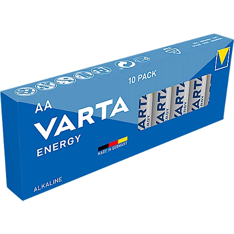 Blue box of Varta Energy AA batteries. 10 pack. Batteries are visible.