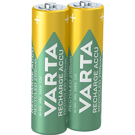 Twee groene en gele VARTA oplaadbare batterijen, met witte letters.