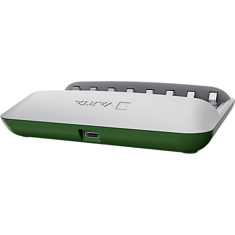 Green and white charger with the inscription Varta. Below, a USB port. The upper part is open.
