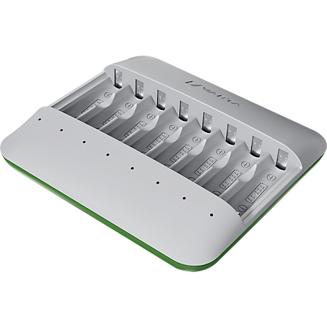 A white-gray battery charger with green accents and eight slots.