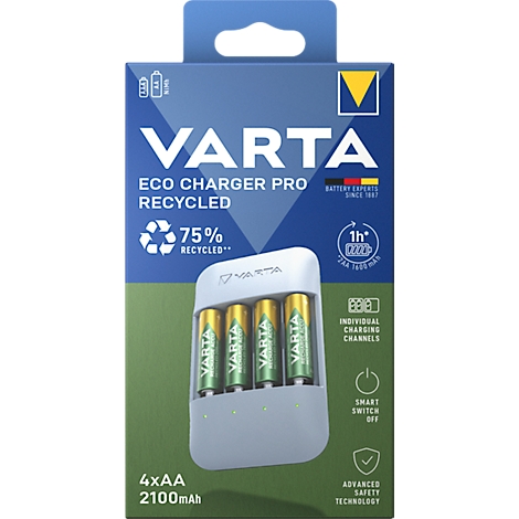 Product packaging with a battery charger and four AA batteries. The text "VARTA" and other product features are printed on it.