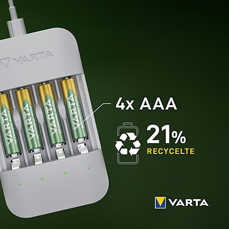Grey charger with four AAA batteries. Inscription: 4x AAA, 21% recycled. Logo of Varta.